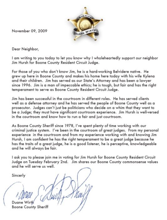 Sheriff Duane Wirth endorsement letter for candidate Jim Hursh